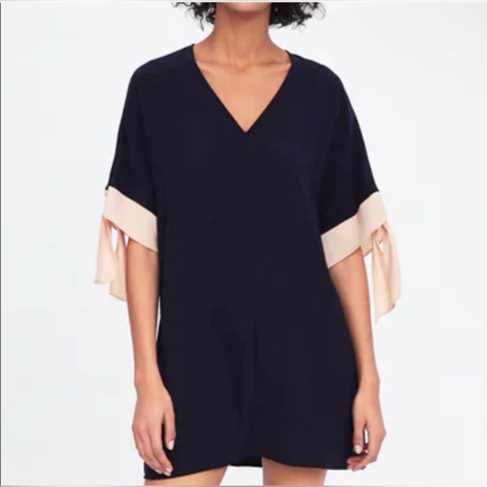 Zara Navy Shift Short Navy Blue Dress with Pink bows